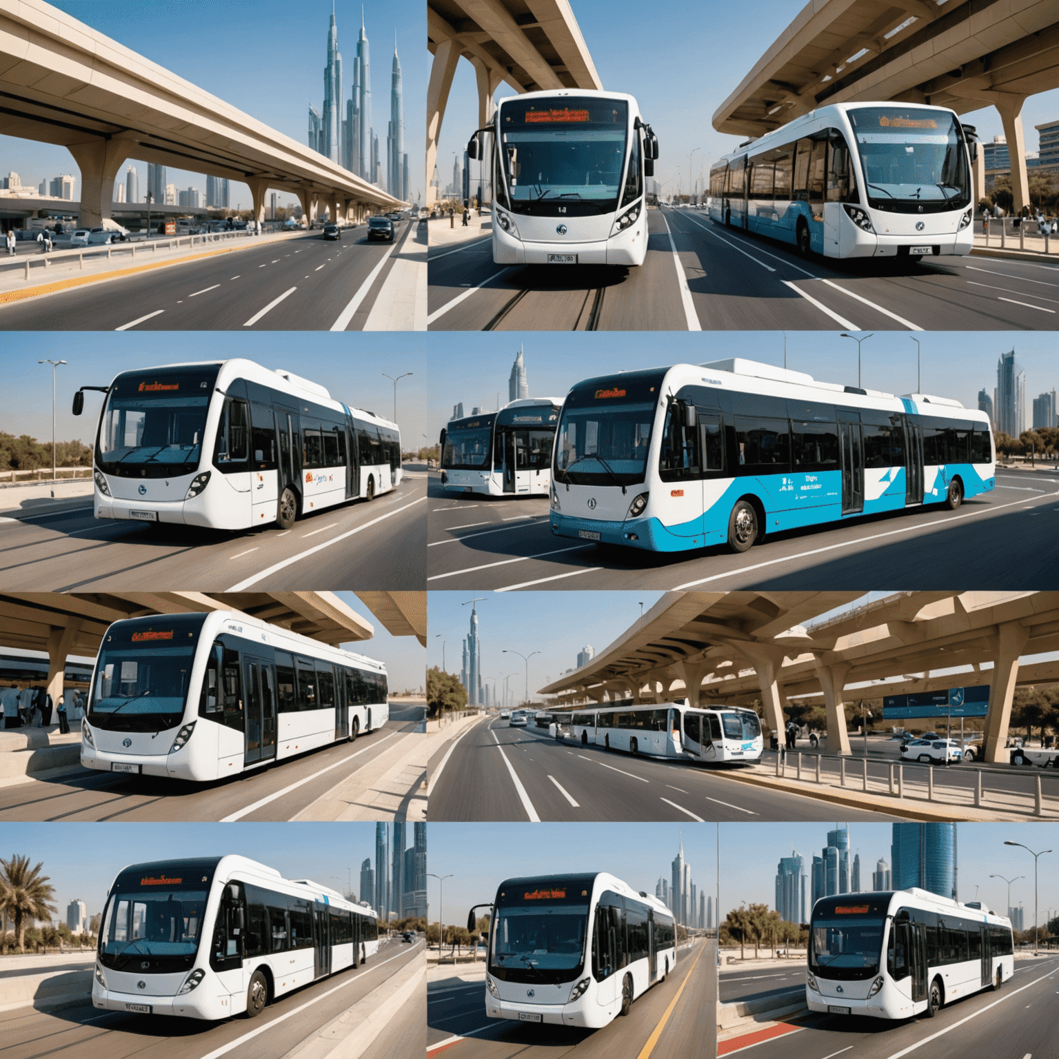 A collage of modern transport infrastructure in UAE, showcasing new metro lines, smart traffic systems, and eco-friendly buses