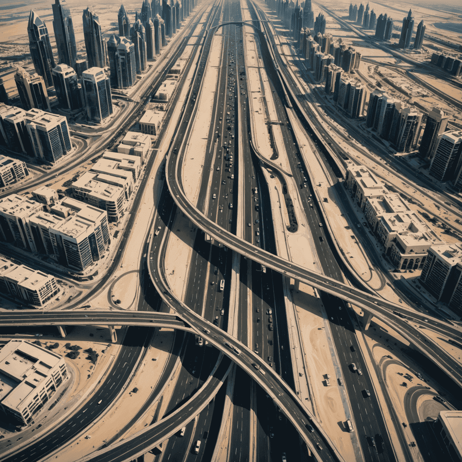 Aerial view of Dubai's modern road network with innovative traffic management systems and smart transport solutions