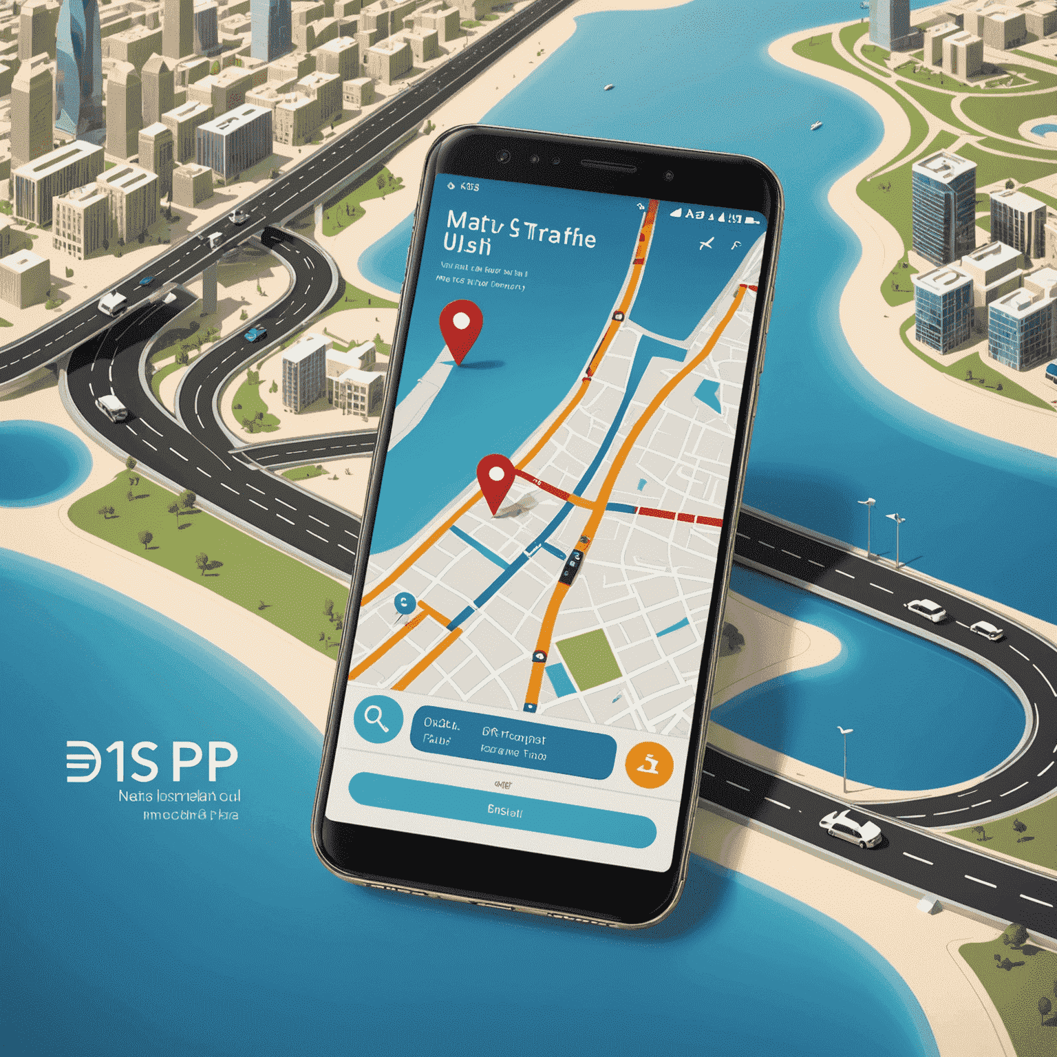 Illustration of a smartphone displaying a road and transport plan top-up interface with UAE landmarks in the background