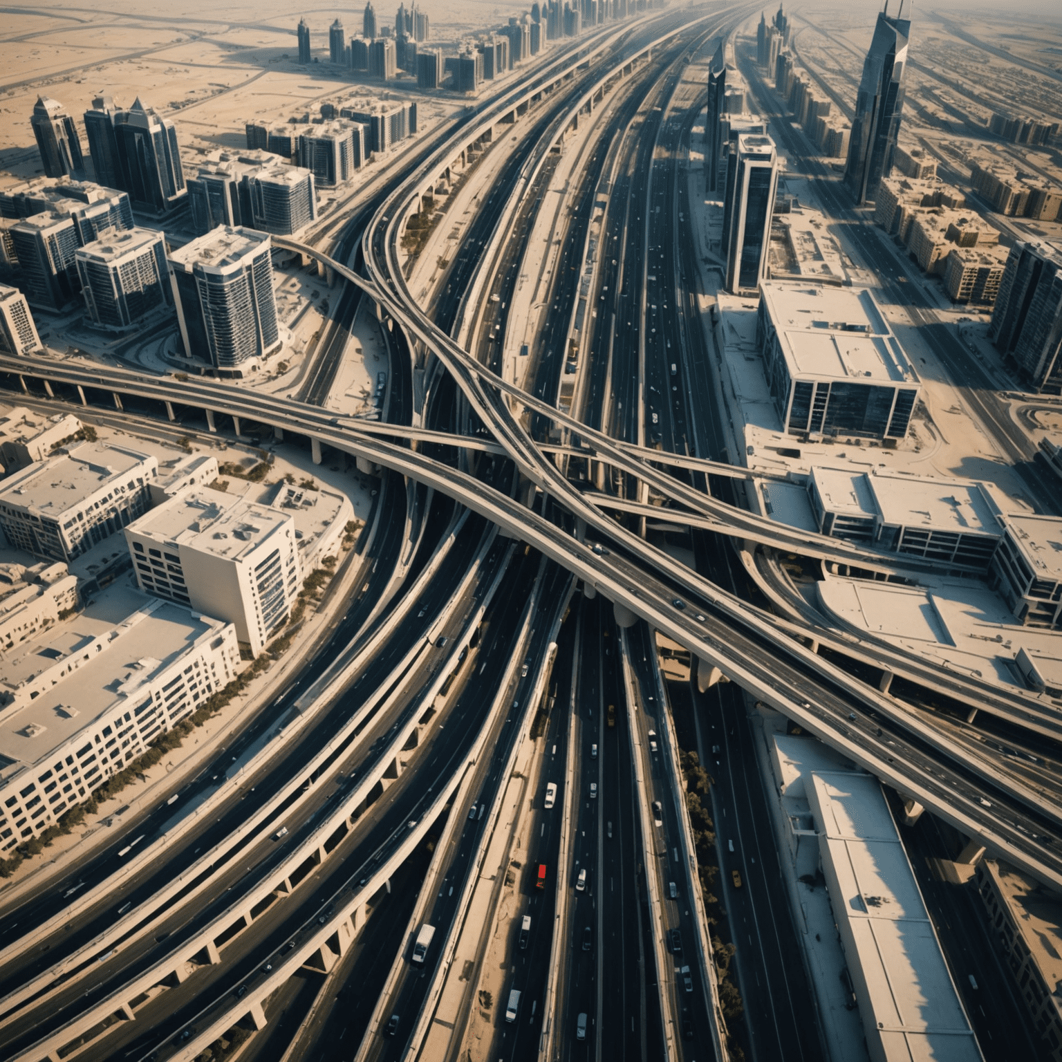 Aerial view of Dubai's modern transportation network, showcasing metro lines, bus routes, and smart traffic management systems