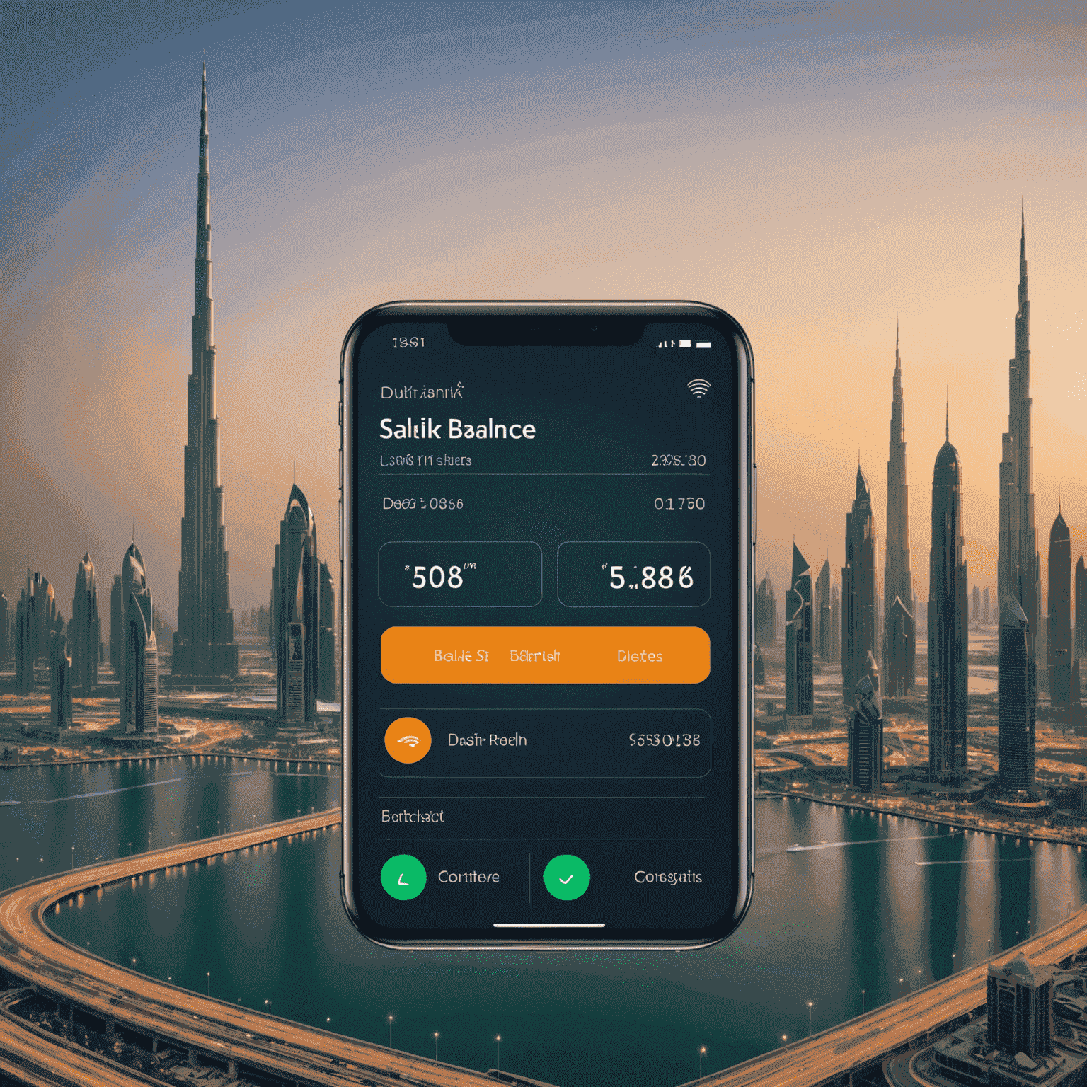 A digital interface showing a Salik account balance being topped up, with Dubai's iconic skyline in the background