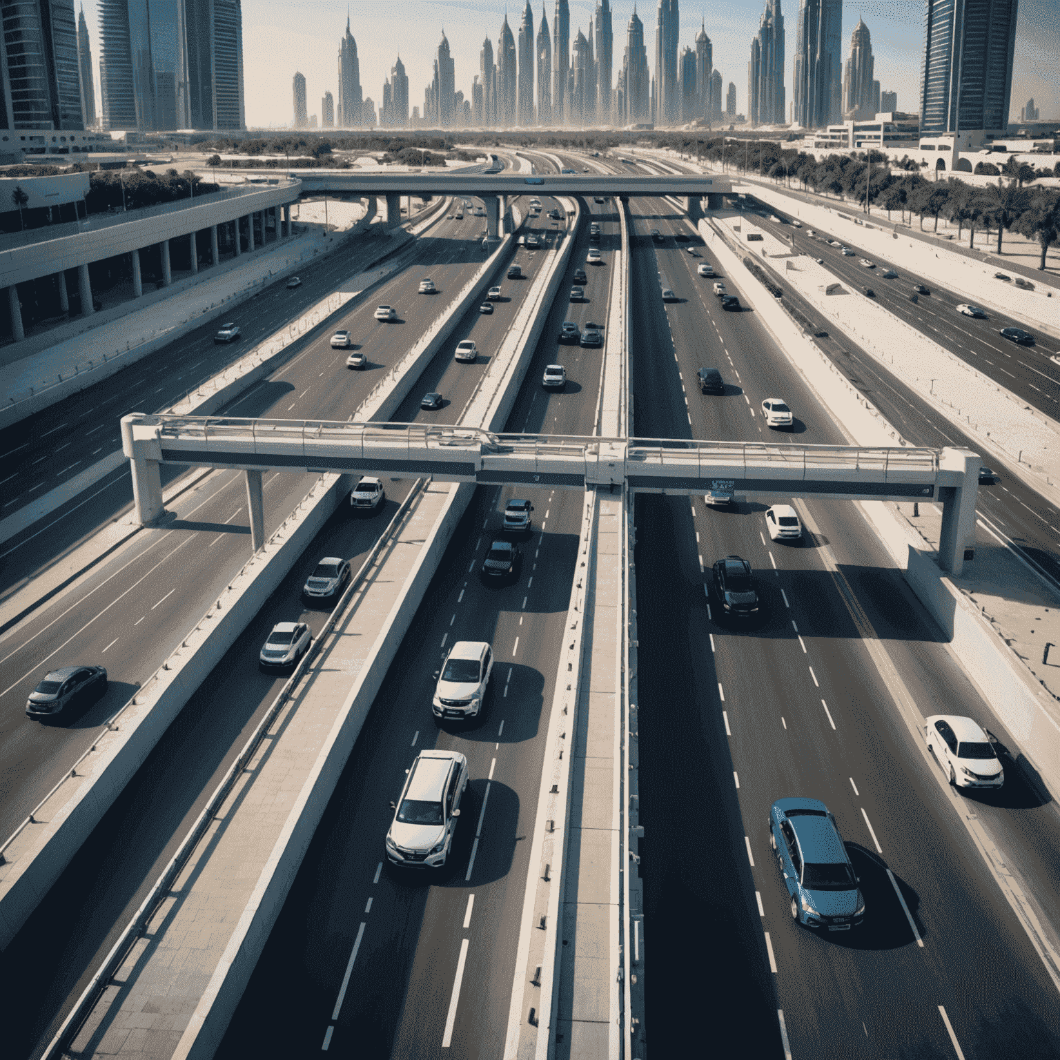 A modern toll gate in Dubai with cars passing through, showcasing the Salik system in action. The image displays a sleek design with blue and white colors, representing the efficiency of the UAE's road plans.