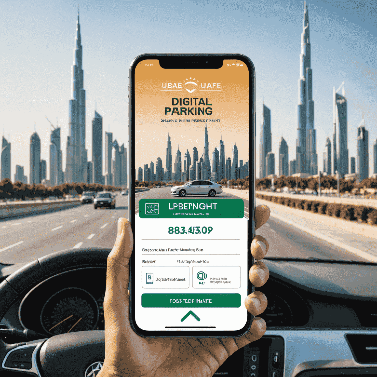 Illustration of a smartphone displaying a digital parking permit with UAE city skyline in the background