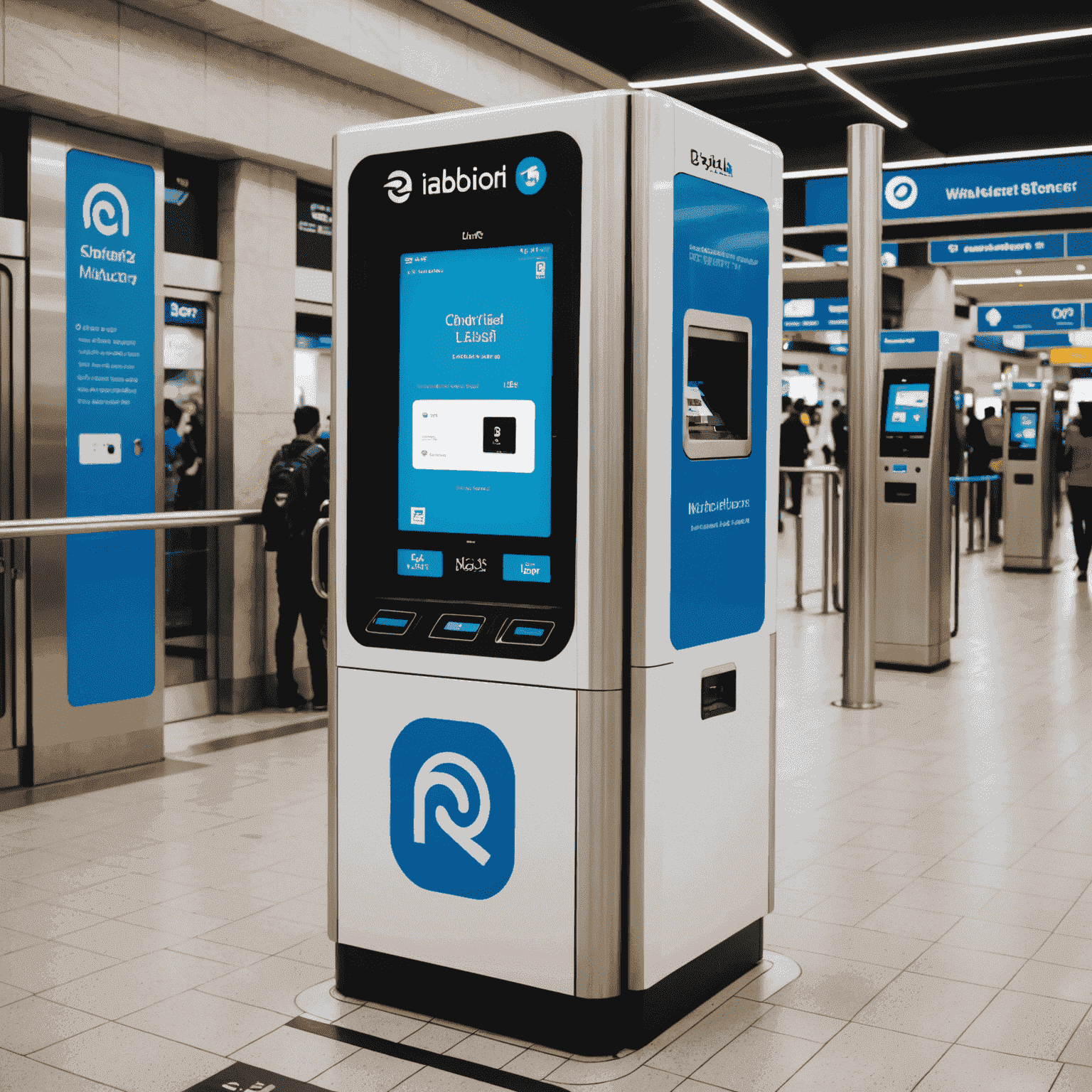 A modern Nol card recharge kiosk in a Dubai metro station, with a touch screen interface and card reader