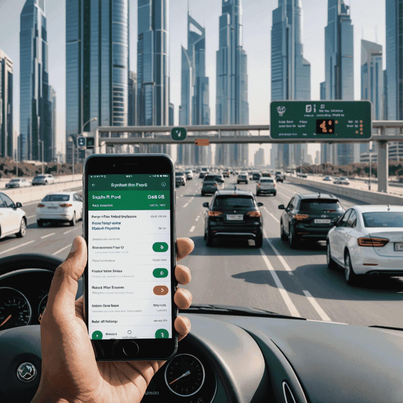 A digital interface showing a traffic fine payment process on a smartphone. The screen displays a list of fines, payment options, and a 'Pay Now' button. The background shows a busy UAE highway with modern skyscrapers, emphasizing the connection between urban development and efficient transport systems.