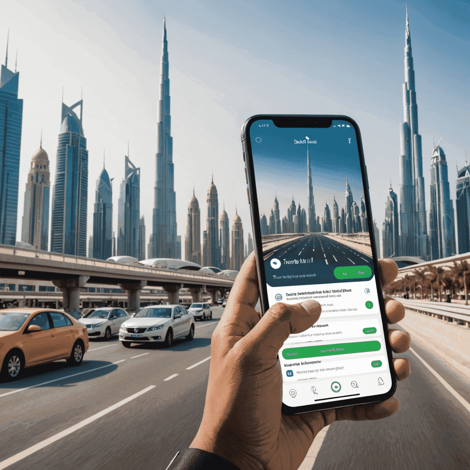 A person using a smartphone to top up their transport plan, with Dubai's iconic skyline in the background