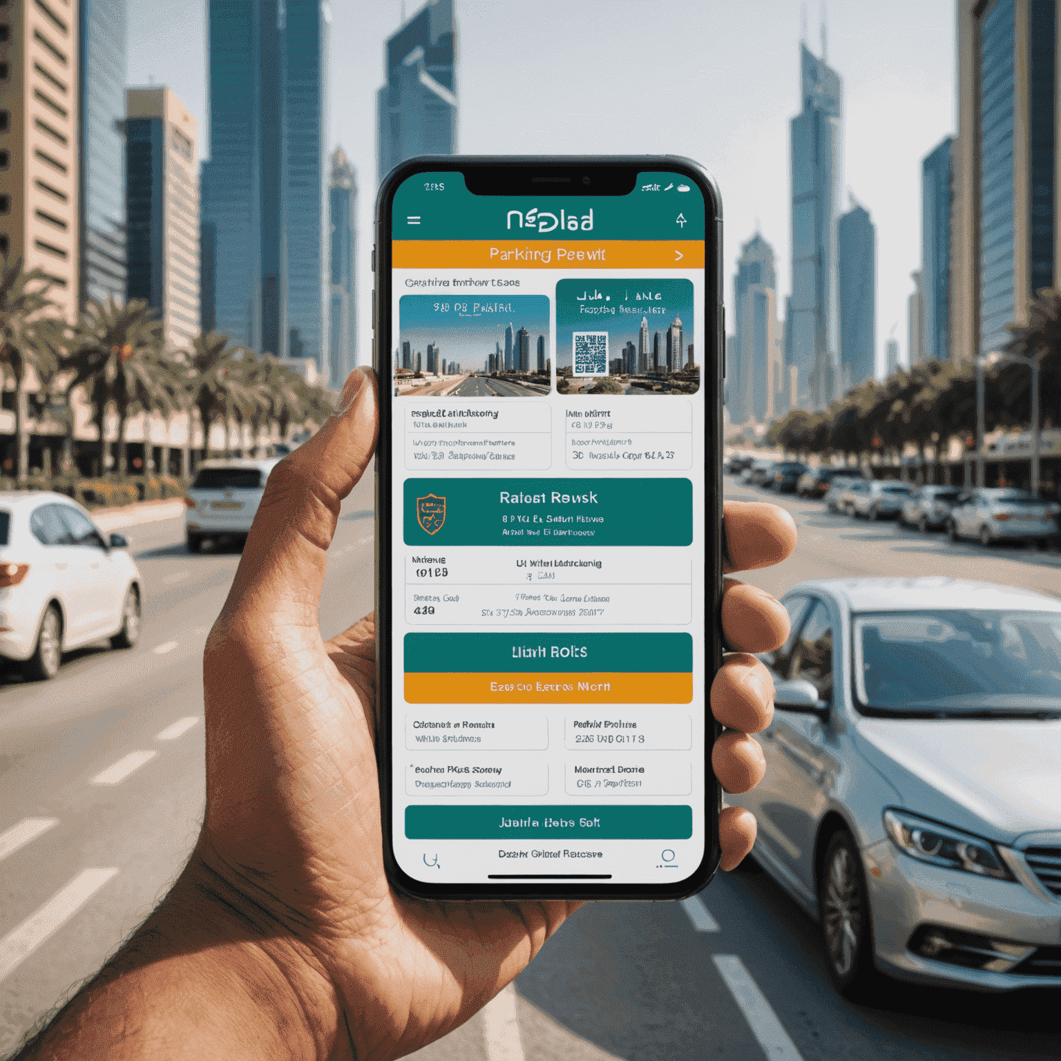 A smartphone displaying a parking permit renewal app, with various UAE city skylines in the background