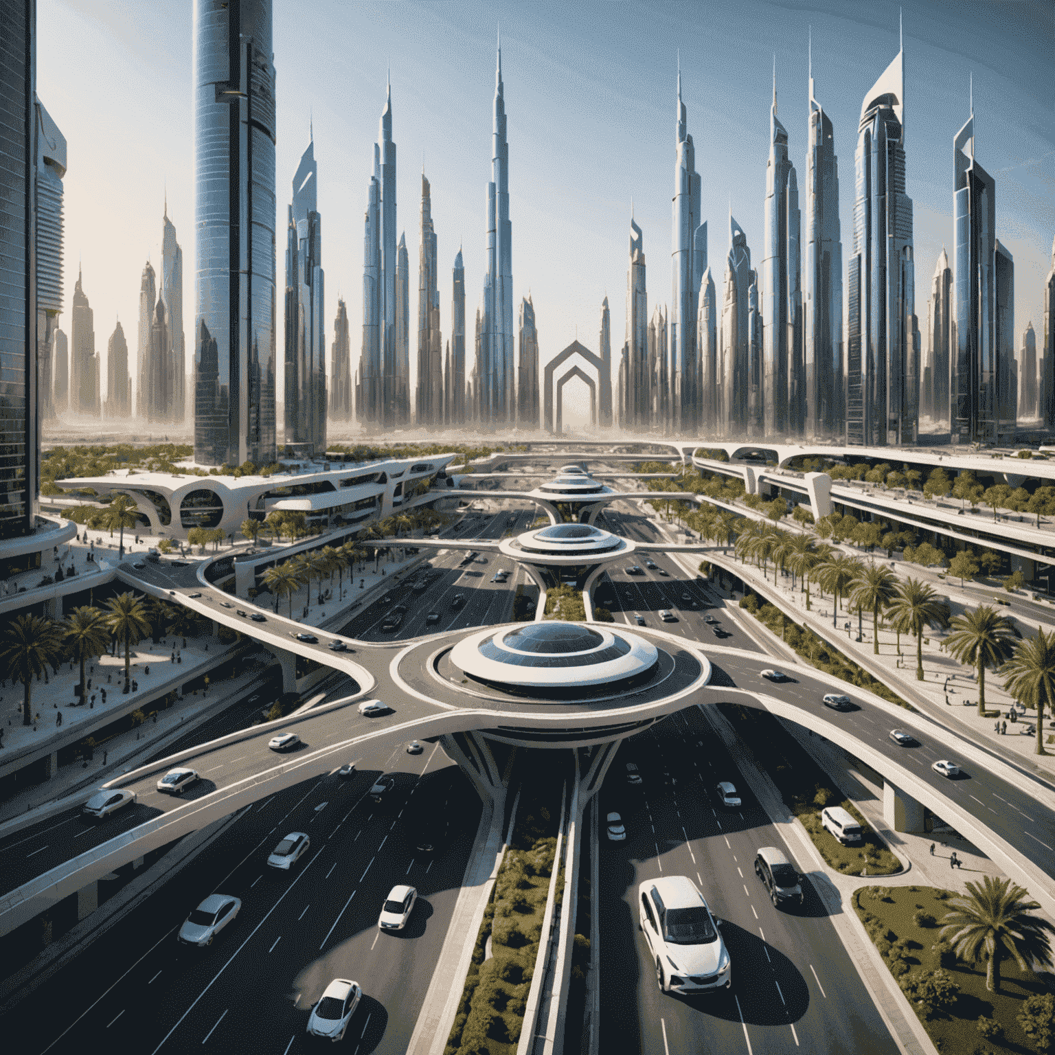 A futuristic cityscape of UAE featuring autonomous vehicles, smart pedestrian crossings, and integrated transport hubs