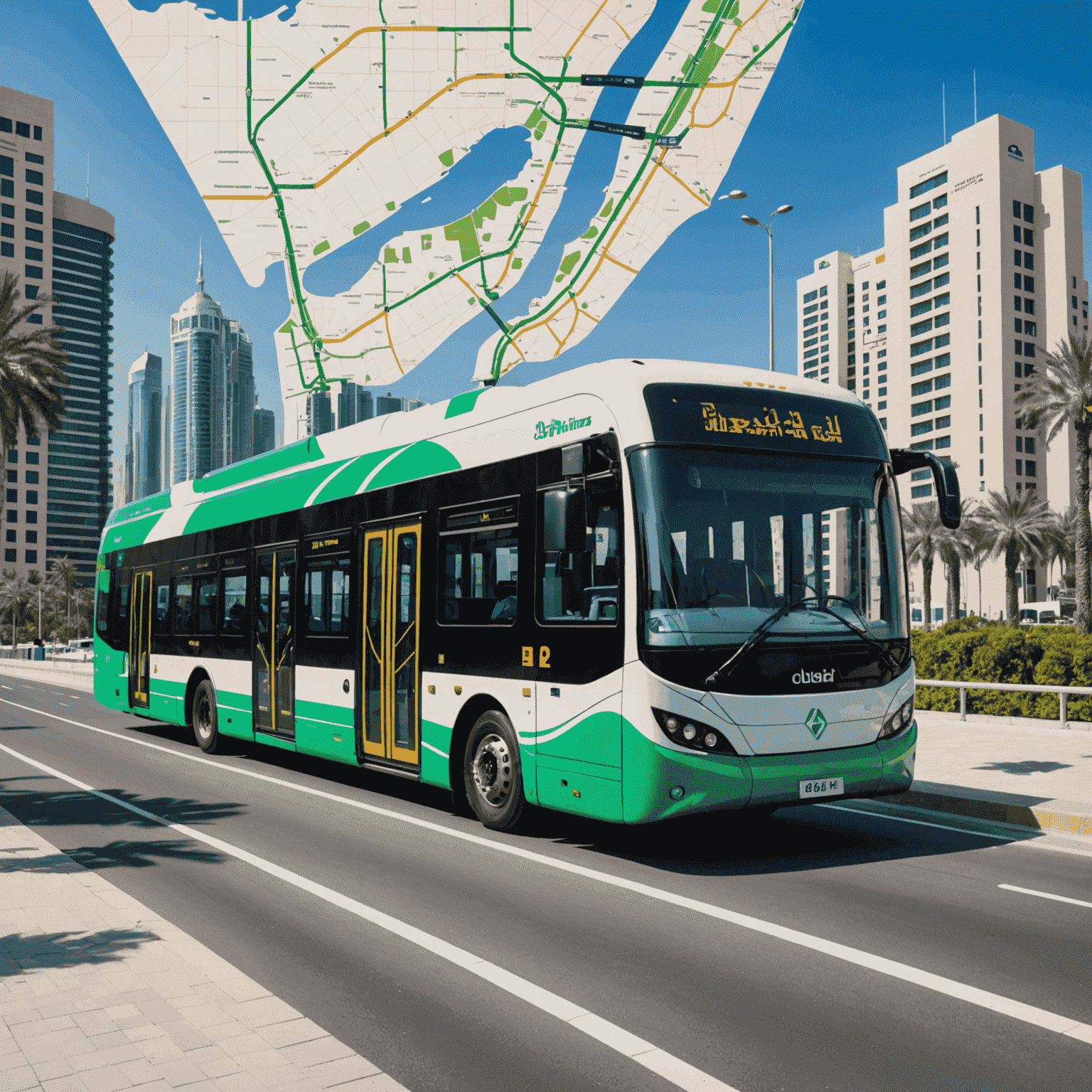 New fleet of electric buses and extended Dubai Metro green line map showcasing sustainable public transport options