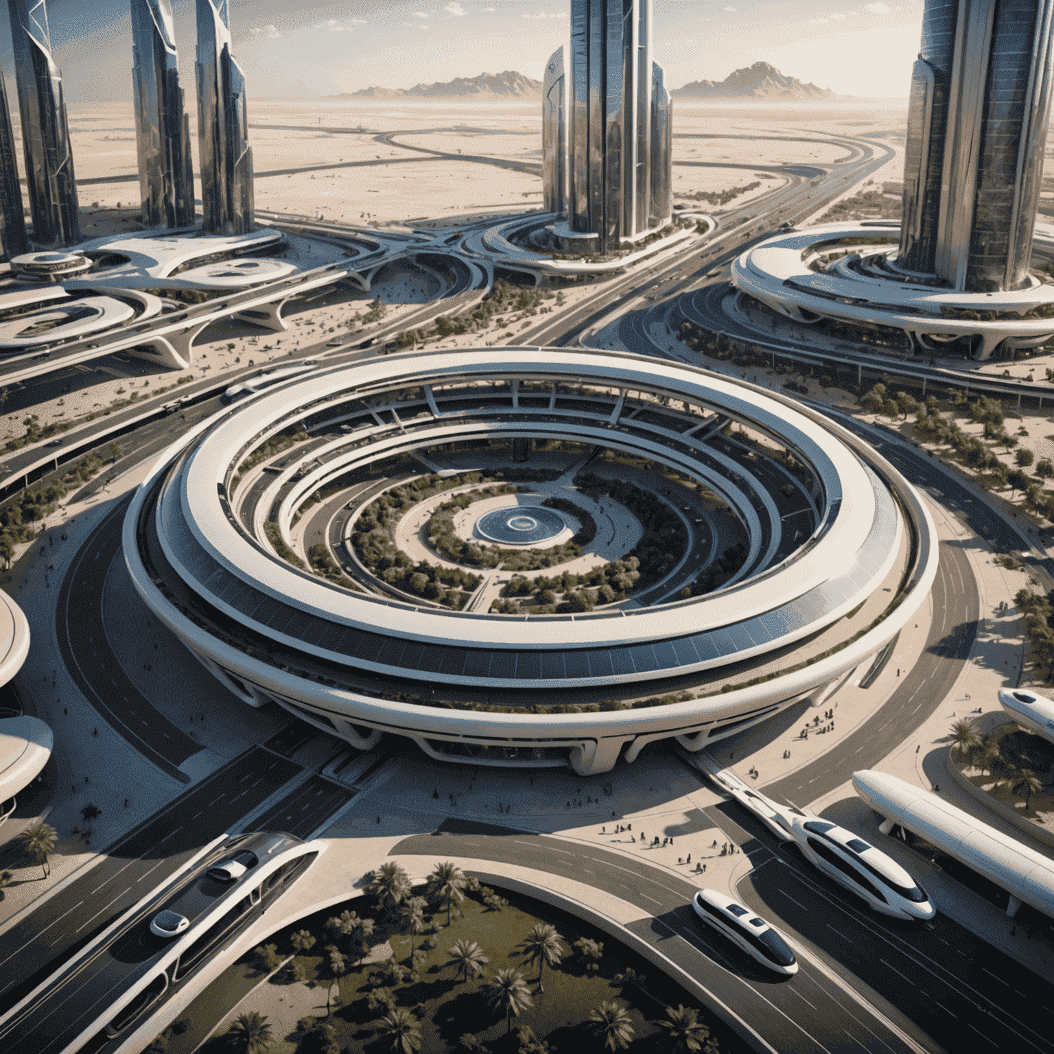 Concept rendering of a futuristic transport hub in UAE, featuring hyperloop stations, flying taxi pads, and autonomous vehicle lanes