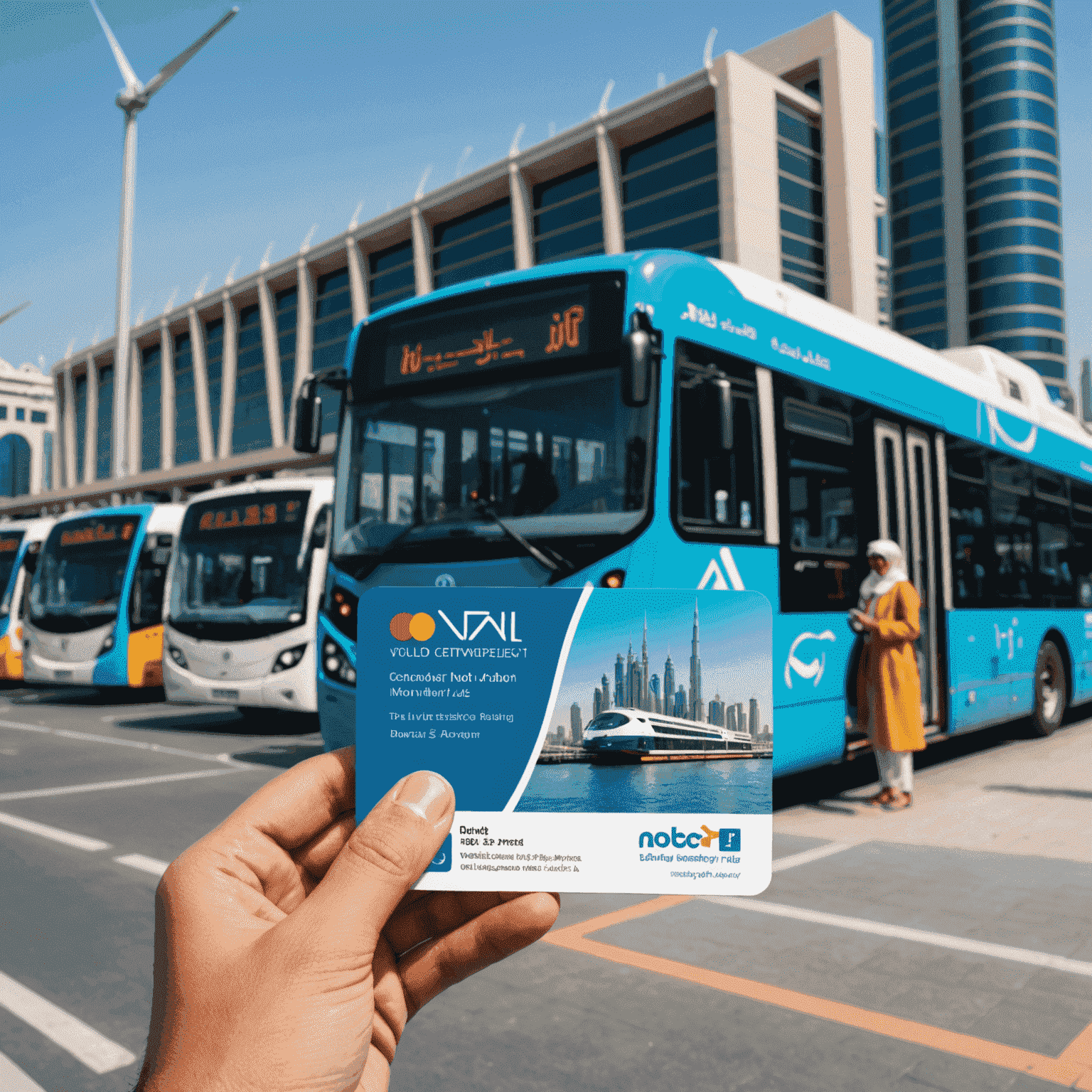 A hand holding a Nol card in front of a Dubai metro station, with buses and water taxis visible in the background