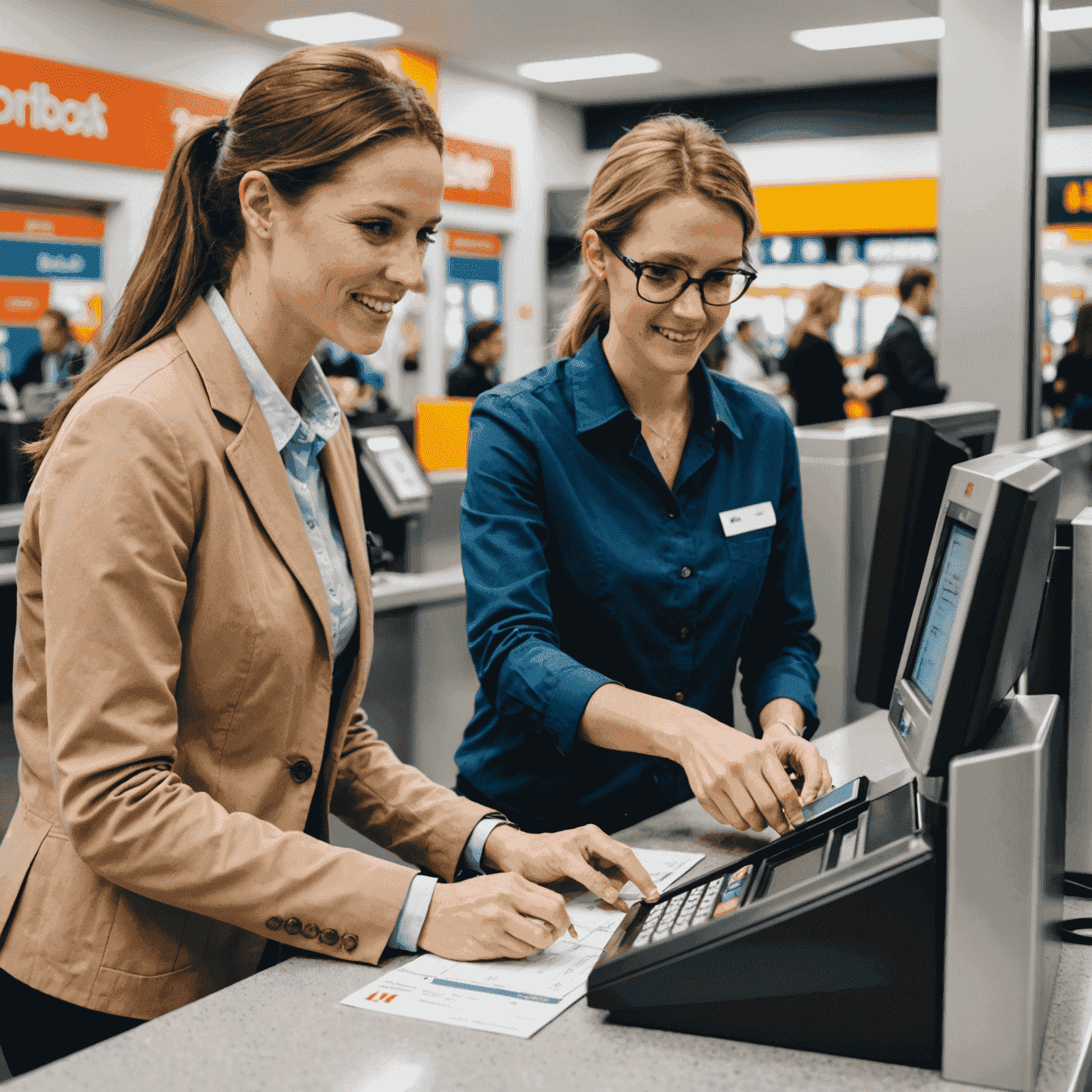 A friendly RTA staff member assisting a customer at a ticket office counter, with Nol cards and a payment terminal visible