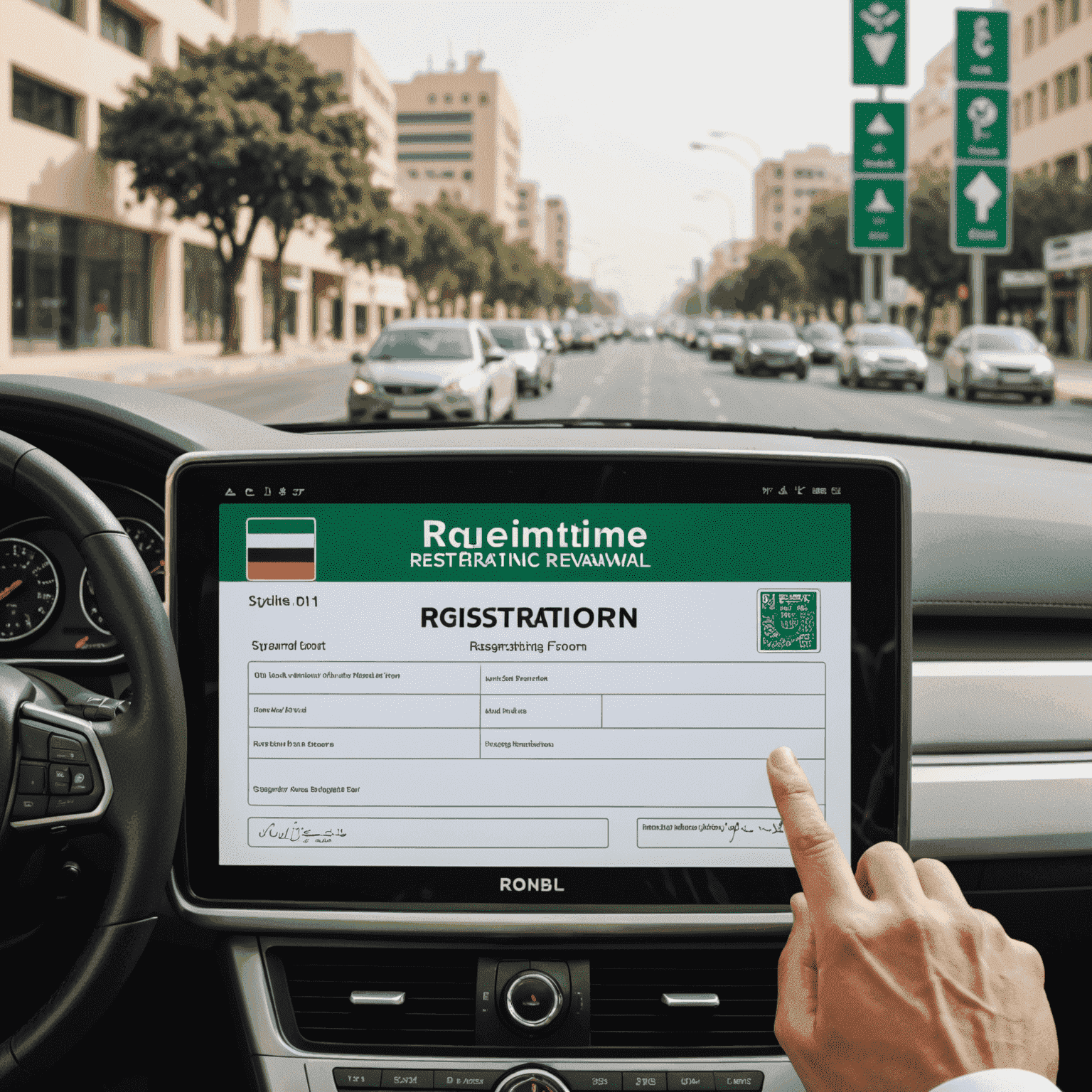 A computer screen showing an online vehicle registration renewal form, with UAE license plates and road signs in the background