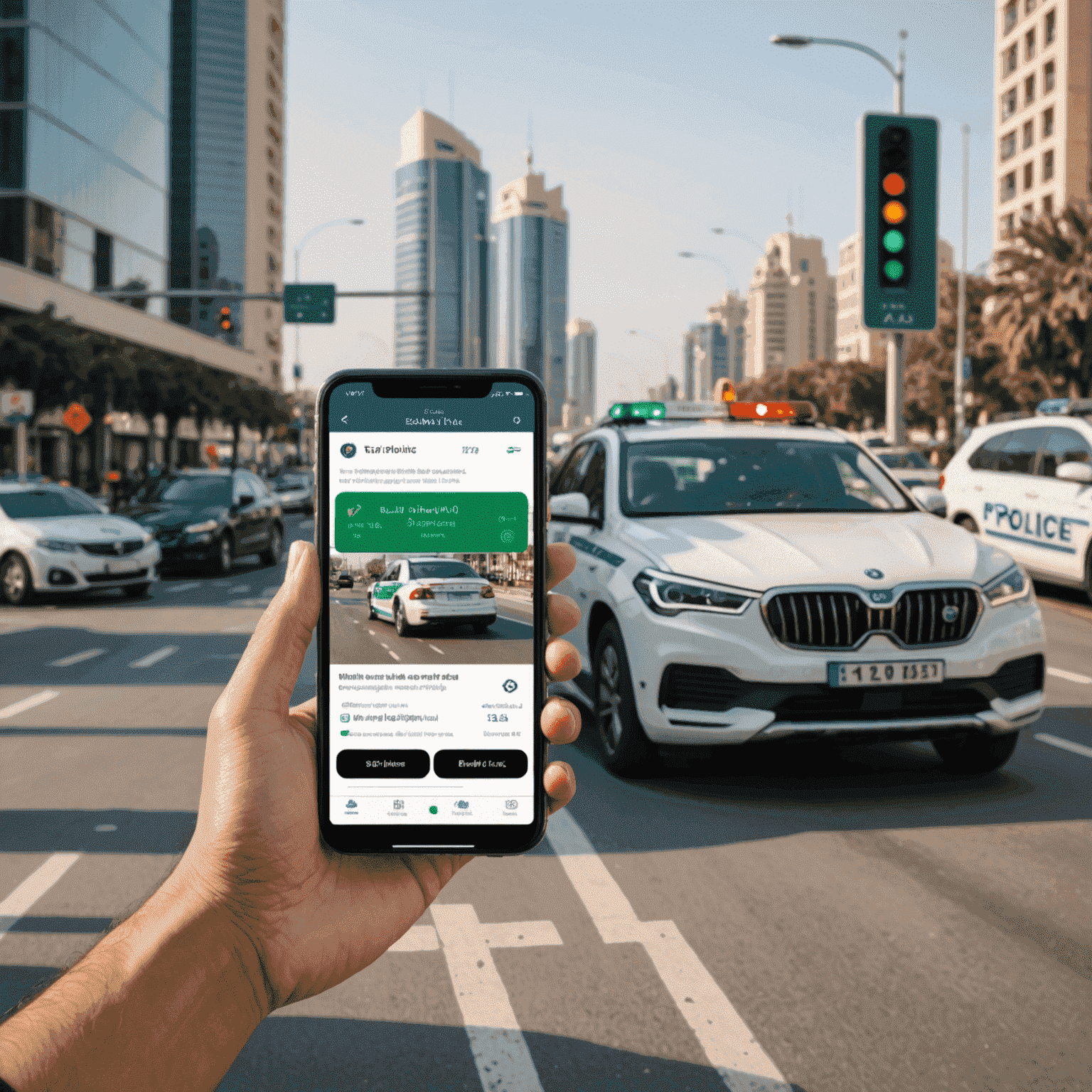 A mobile phone displaying a traffic fines payment app, with UAE police cars and traffic lights in the background